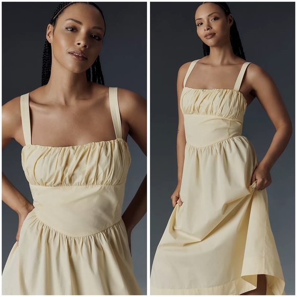 Anthropologie Drop-Waist Ruched Midi Dress In Butter Yellow, NWT - Picture 2 of 3